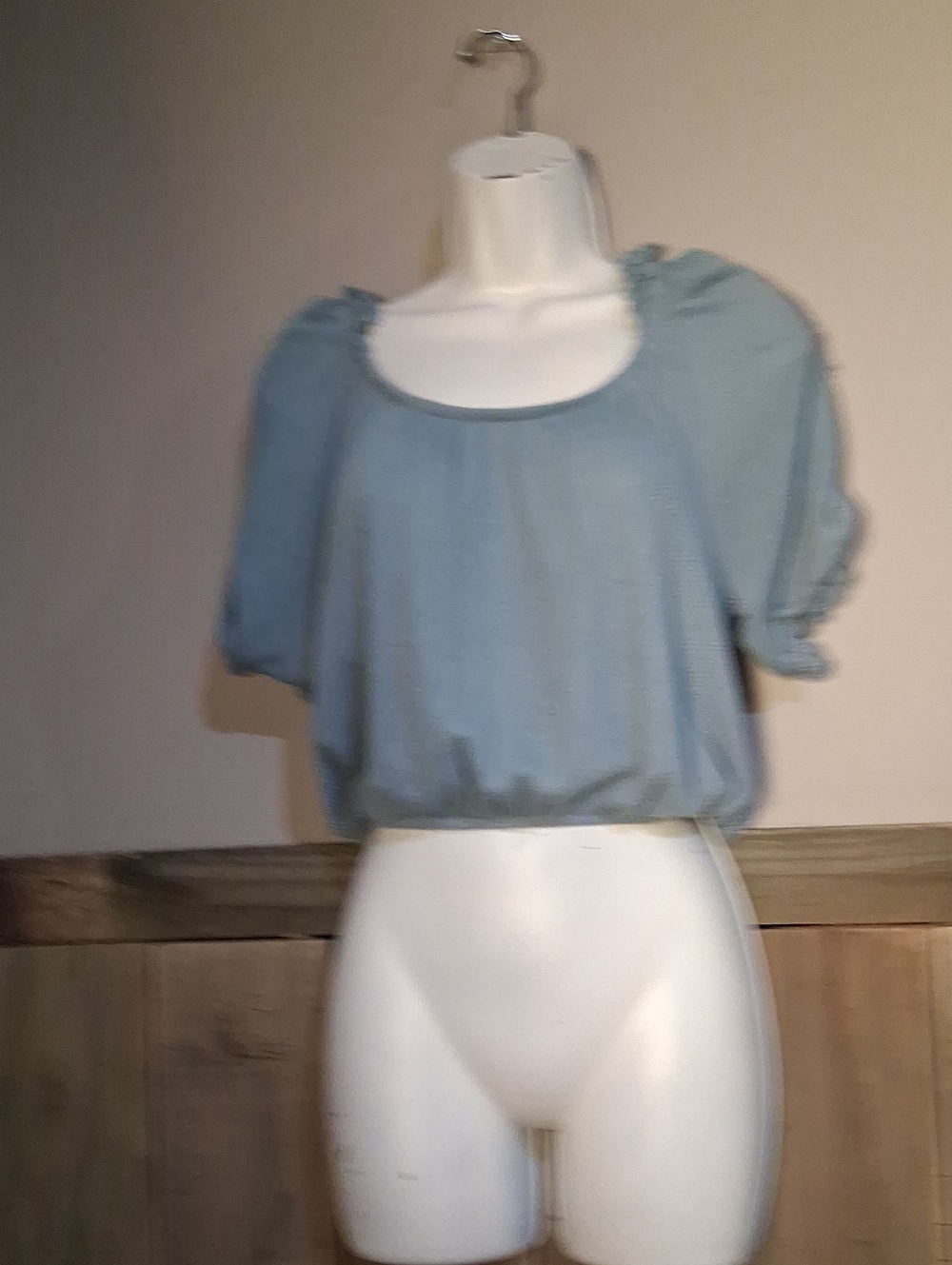 Light Blue Puff-Sleeve Peasant Blouse by